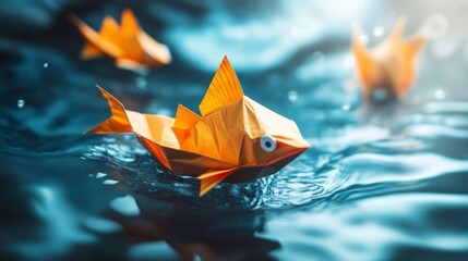 Origami fish floating in surreal water scene
