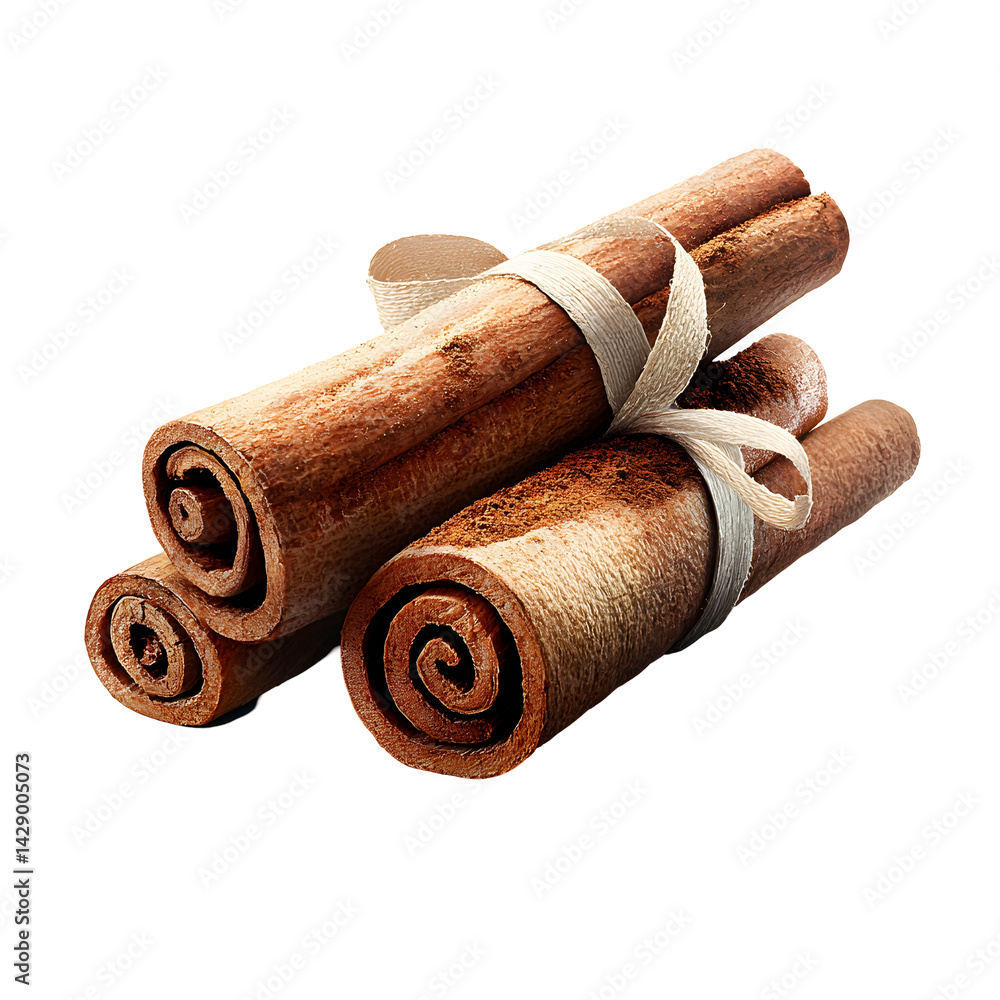 Poster close up of several rolled and bundled cinnamon sticks arranged on a plain white background showcasi