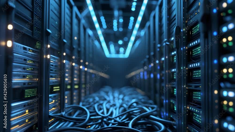 Poster close-up of a dark server room highlighting advanced data storage units and modern digital infrastru