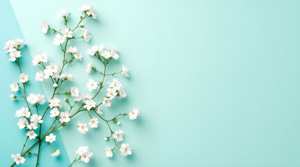 white gypsophila flowers on pastel teal geometric background flat lay top view
