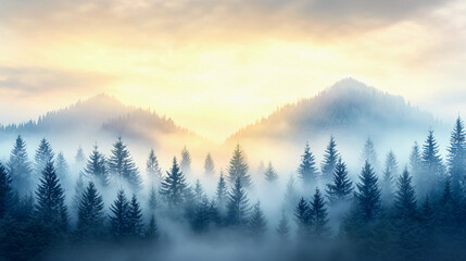 Obraz premium A misty forest landscape at sunrise, with towering trees silhouetted against soft, colorful skies and distant mountains.