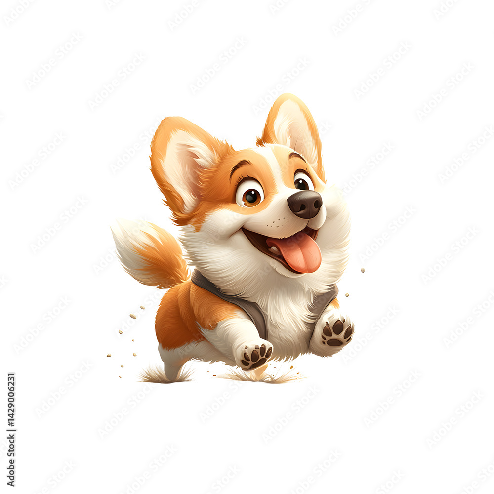Poster a cheerful and energetic corgi puppy happily bounding forward with a bright friendly expression