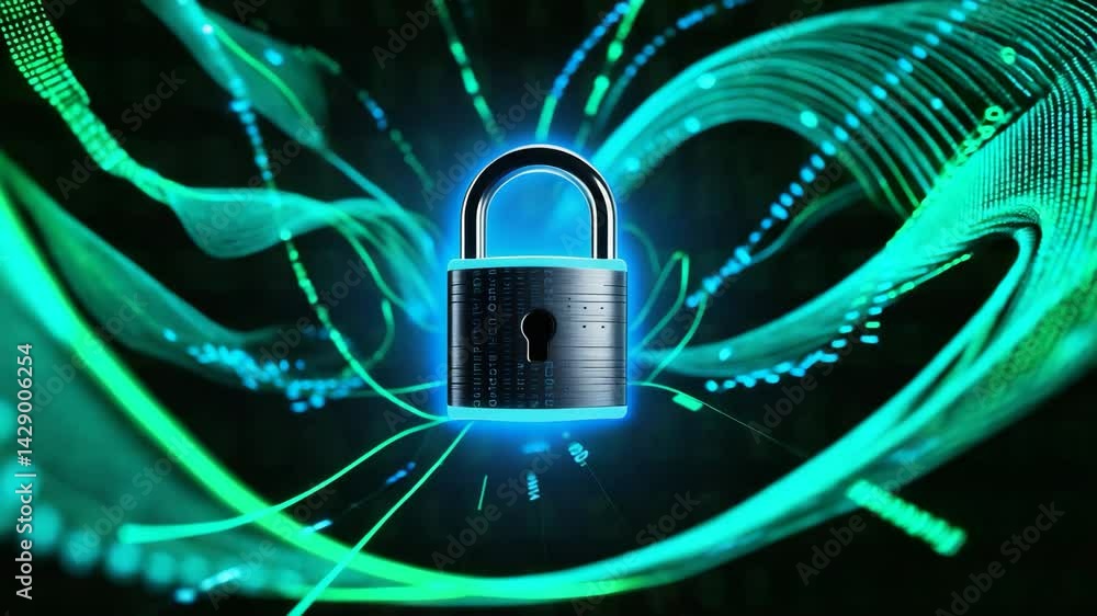 Poster a luminous digital lock encircled by streams of binary data, representing cybersecurity