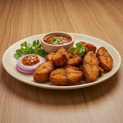 Delicious fried chicken wings and nuggets served with french fries and salad on a dinner plate