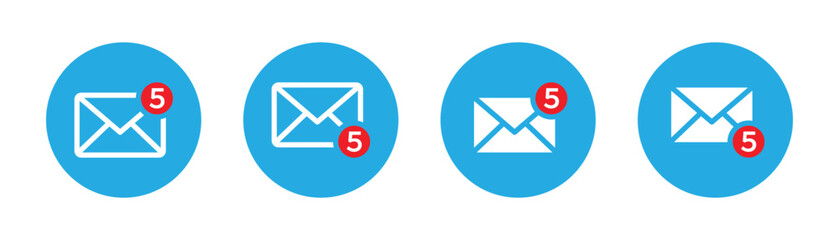 Email message notification vector icon in blue with number of messages in red. Email and electronic message sign icon for app or web. Vector illustration