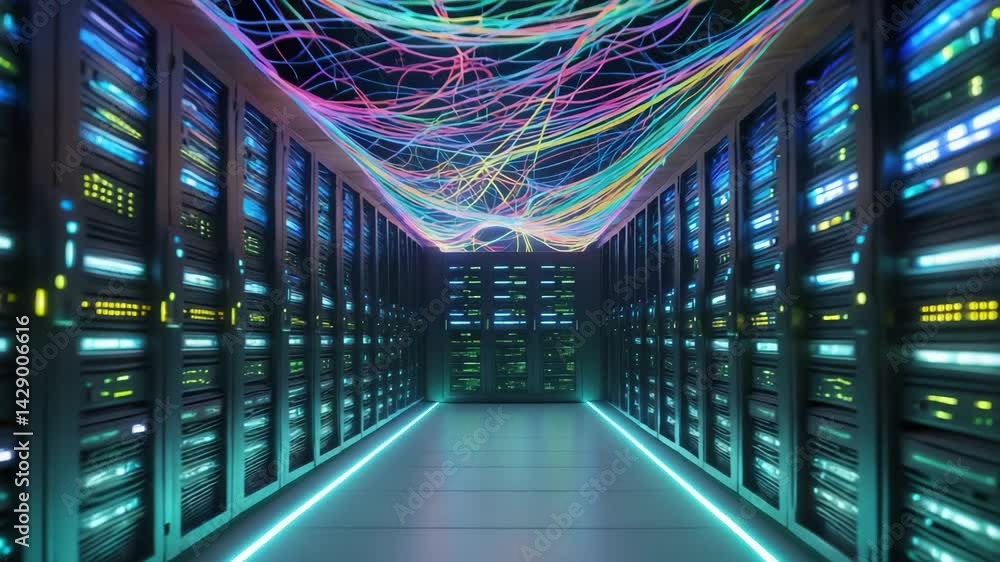 Poster a modernized network infrastructure with fiber optics and hardware components, focusing on advanced 