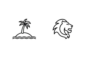 Line Art Illustration Featuring Tropical Island And Lion Head Minimalist Design
