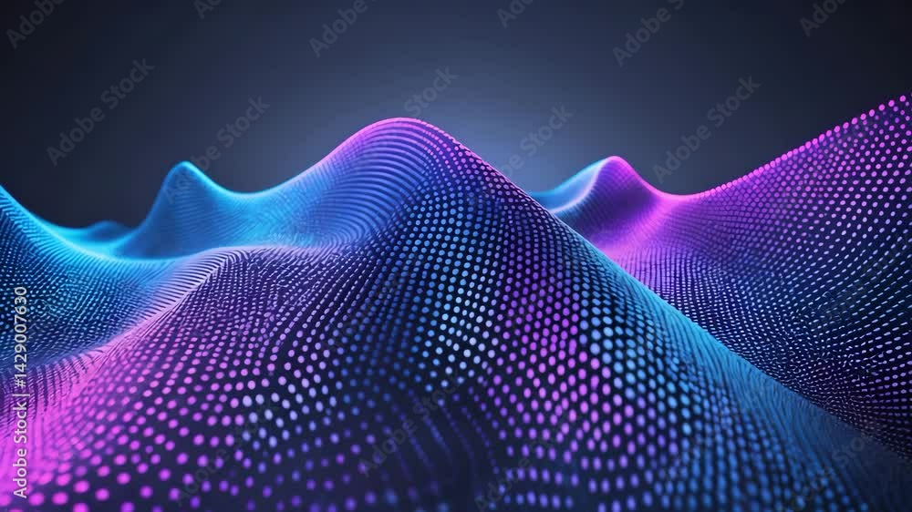 Poster futuristic digital animation with abstract waveforms, dots, and weaving lines.