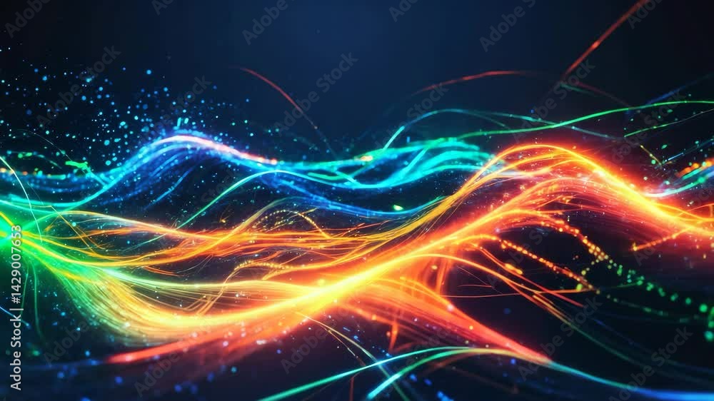 Poster high-tech digital scene with glowing particles and dynamic lines illustrating innovation and cybersp