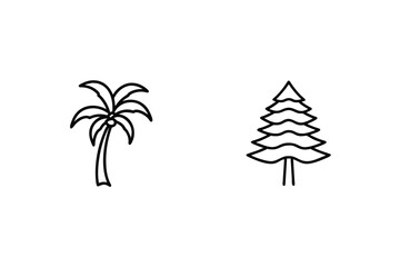 Minimalist Outline Illustration Of Palm Tree And Coniferous Tree On White Background