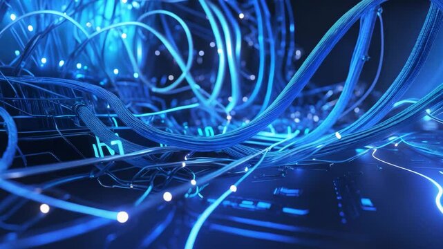 Digital illustration featuring animated letters and network lines in shades of blue