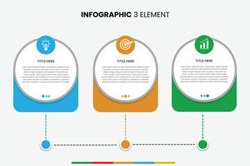 Infographic template features a modern, minimal design with three colorful elements in a horizontal layout. Each section includes an icon, title, and placeholder text