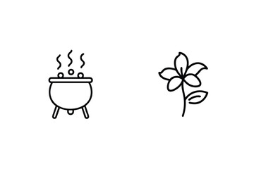 Minimalist Vector Graphics Depicting Witchcraft Cauldron And Botanical Flower Outline