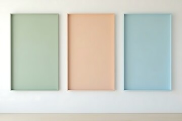 Fototapeta premium Three Pastel Rectangular Frames on a White Wall: Green, Peach, and Blue Minimalist Interior Decor