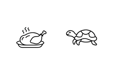 Roasted Chicken And Happy Turtle Outline Illustration Minimalist Vector Drawing