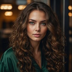 Escena íntima: mujer con cabello ondulado y elegancia en un ambiente interior acogedor