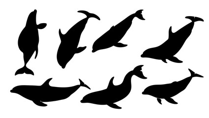 set of Blue whale silhouette vector on white background