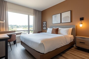 Professional interior photograph of a modern hotel room with a double bed, brown walls, and a white ceiling. A desk is situated in the corner, and a large window provides ample natural lighting.