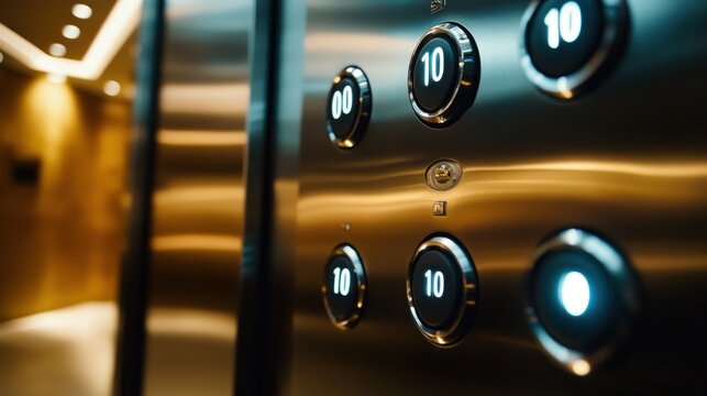 Modern elevator panel with illuminated buttons.  Close-up view of the sleek stainless steel buttons for selecting floors.  Ambient lighting in the elevator lobby