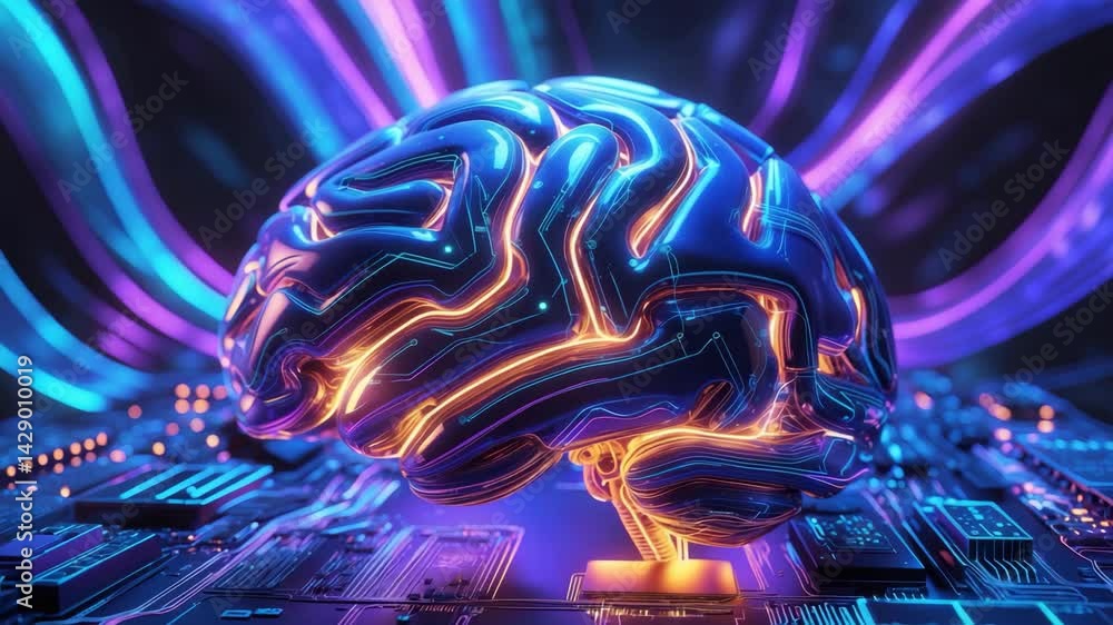 Poster artificial intelligence concepts: brain visualization with pcb design for business innovation