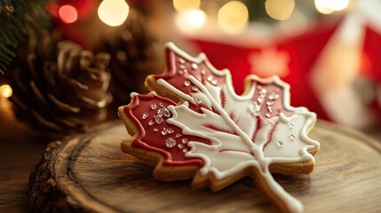 Maple leaf cookie with red and white icing on a wooden tray, celebrating Canada Day with festive charm.
