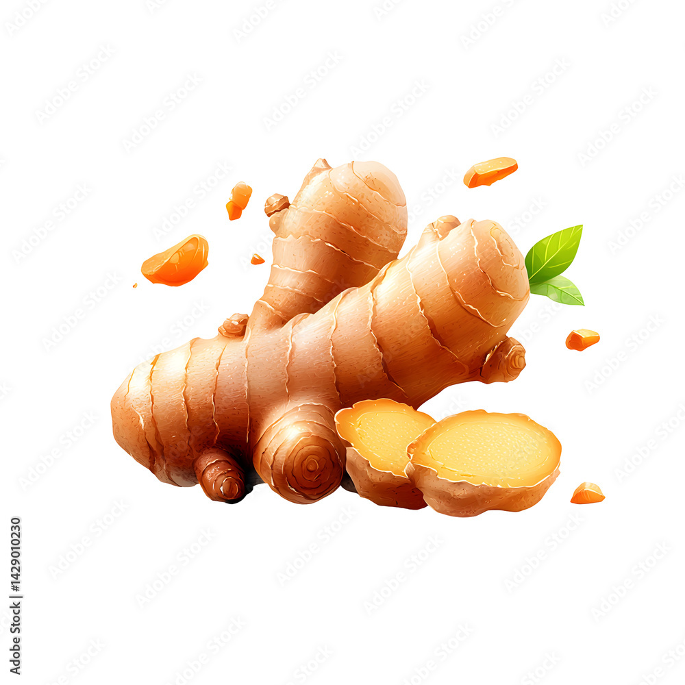 Poster close up shot of whole and sliced ginger root pieces against a clean white background showcasing the