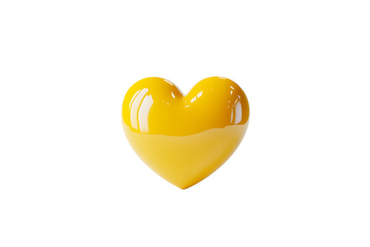 Transparent background of a glossy yellow heart shaped object with smooth surface.