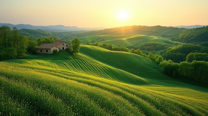 Fototapeta premium Emerald grass covers the rolling hills of a peaceful countryside