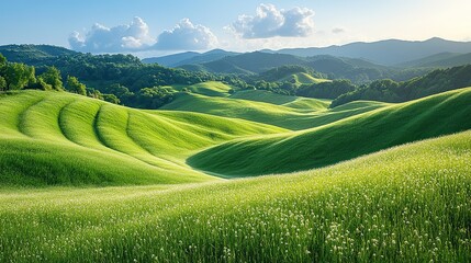 Fototapeta premium Emerald grass covers the rolling hills of a peaceful countryside