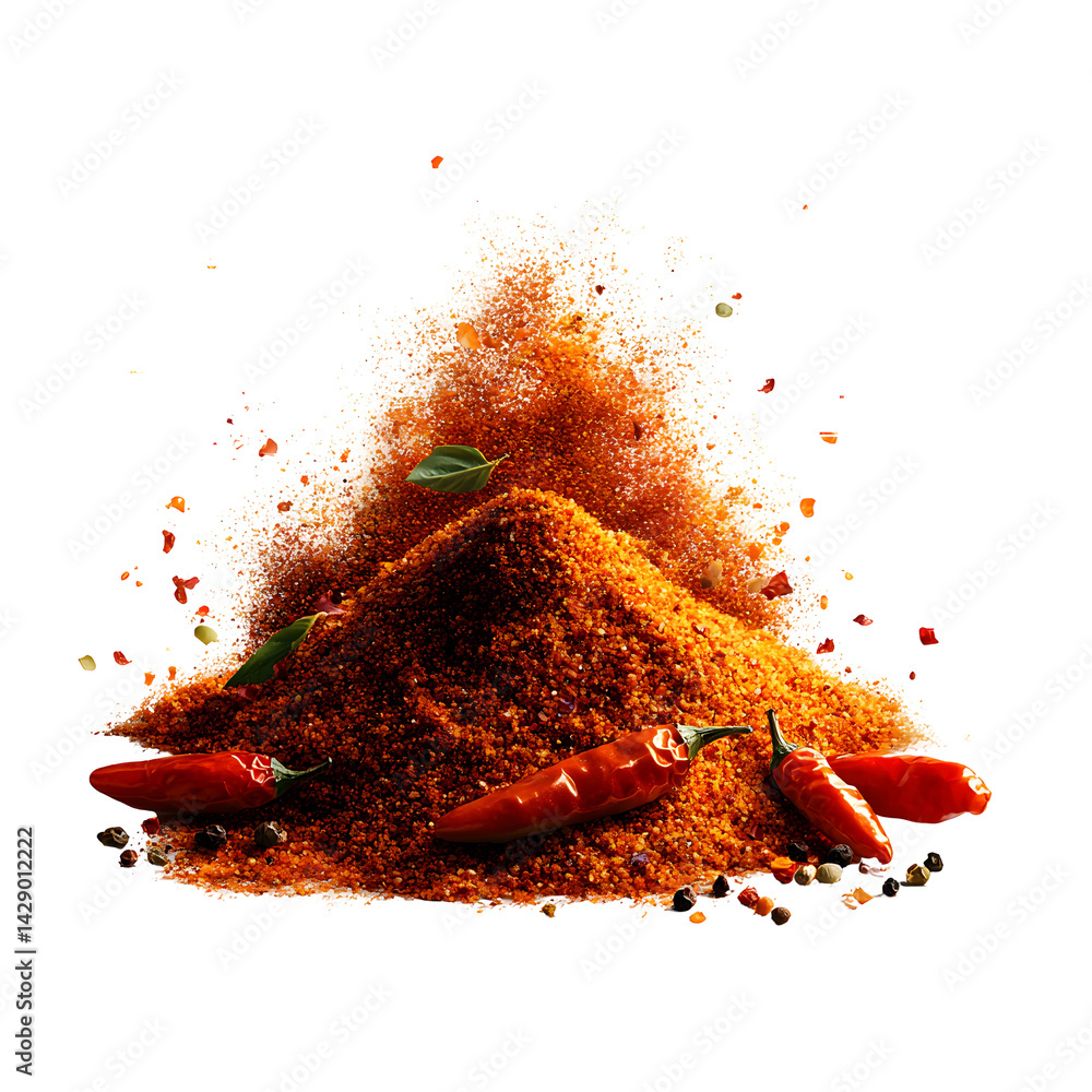 Poster a colorful array of various ground spices herbs and chili powders displayed on a plain white backgro