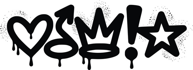 Modern graffiti style vector illustration with heart arrow crown exclamation point star