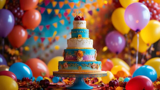 Stylish party setup featuring balloon backdrops, cake, and autumn-themed decor for birthdays and baby showers