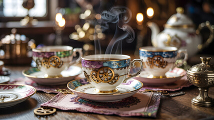 Fototapeta premium A white porcelain teacup from a Turkish tea set and a brown cup of Turkish coffee sit on a table in a cafe, suggesting a hot and sweet breakfast beverage