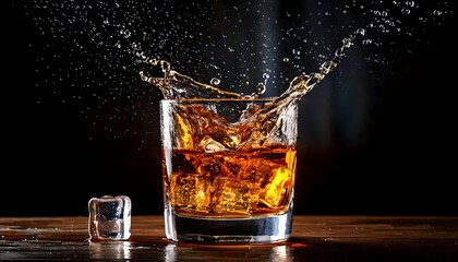 Close-up of whiskey on the rocks in glass with ice and dramatic splash effect