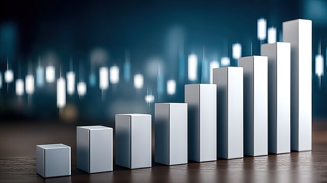 Candlestick chart shows financial trends in technology and agriculture with a blue gradient background highlighting growth and declines - Powered by Adobe