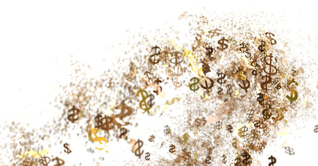 High-resolution stock photo of abstract swirling golden dollar signs on white background. Ideal for finance, wealth, or business concepts.