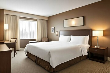 Small modern hotel room with a large bed, brown walls, and a white ceiling. Light gray carpet covers the floor. A desk stands in front of the wall, with bedside tables and a small table next to it. 