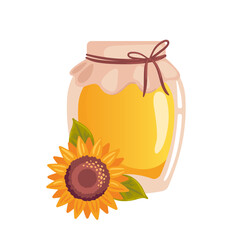 A beautiful vector illustration showcasing a jar of sunflower honey beside a vibrant sunflower. The golden honey glistens in the light, emphasizing the sweet connection between the flower and its