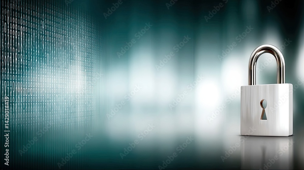 Poster cyan blue background showcases a digital padlock and binary code, emphasizing data protection in cyb