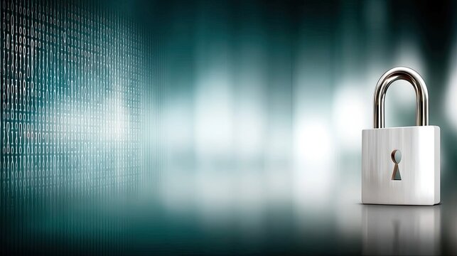 Cyan blue background showcases a digital padlock and binary code, emphasizing data protection in cyber security technology