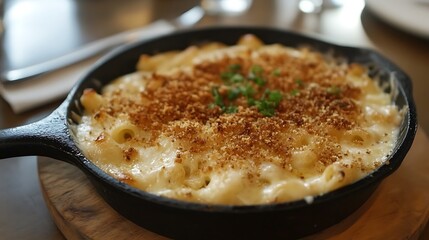 Delicious Mac and Cheese in a cast iron skillet.