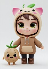 Fototapeta premium Adorable Chibi Character with a Plant-Themed Hoodie and Potato Pal Illustration