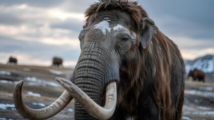 Obraz premium Woolly mammoth standing in a snowy field. The mammoth is large, with long tusks and shaggy fur.