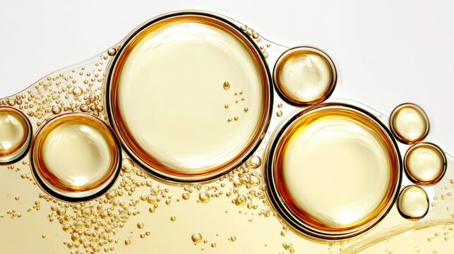 Golden oil droplets swirling, forming abstract patterns and creating mesmerizing liquid surface texture with dynamic, shimmering bubbles