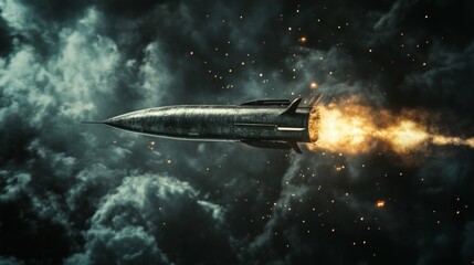 Obraz premium Missile launch scene in dramatic cloudy sky