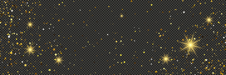 Gold glittering dust with stars on transparent backdrop