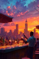 Sunset skyline atop a city rooftop bar