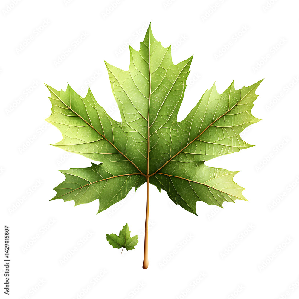 Poster closeup of a fresh lush green maple leaf with delicate veins and a symmetrical shape set against a c