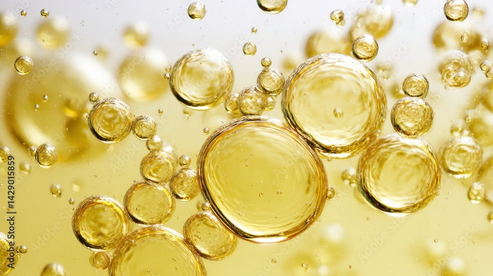 Poster golden bubbles reflecting light, varying in size, creating abstract pattern against gradient backgro
