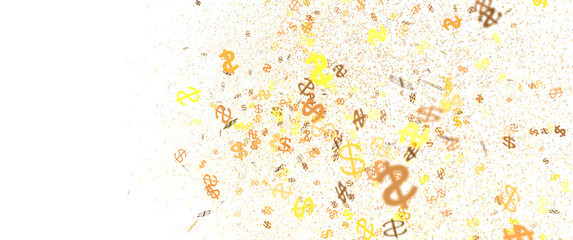 Image of many dollar signs falling on white background. Perfect for finance, money, or wealth concepts.